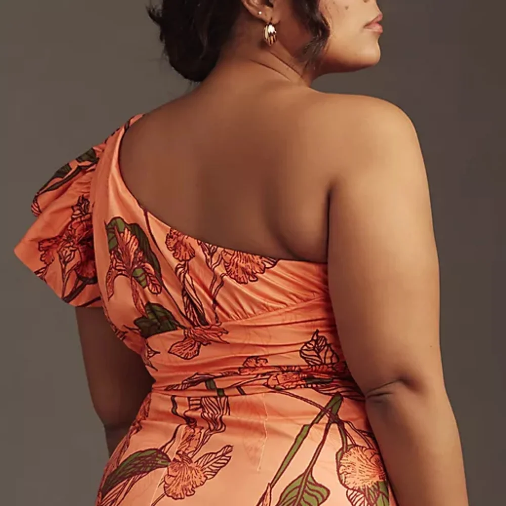 ANTHROPOLOGIE Hutch NWT Floral One-Shoulder Ruffle Maxi Dress Orange Botanical - Picture 4 of 9